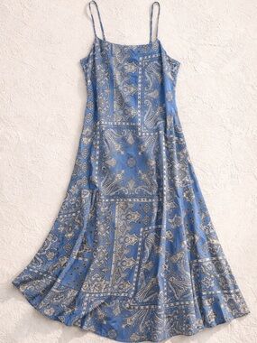 LOFT Satiny Blue Paisley Maxi Dress Spaghetti Strap Flowy Boho Size 4